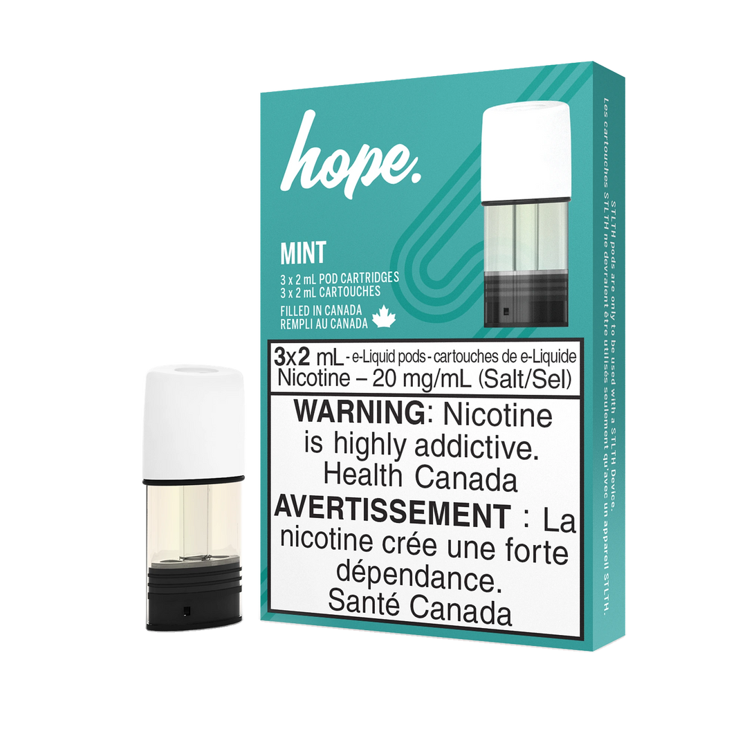 STLTH Hope Mint pod pack with three 2mL pods, one in box, one freestanding.