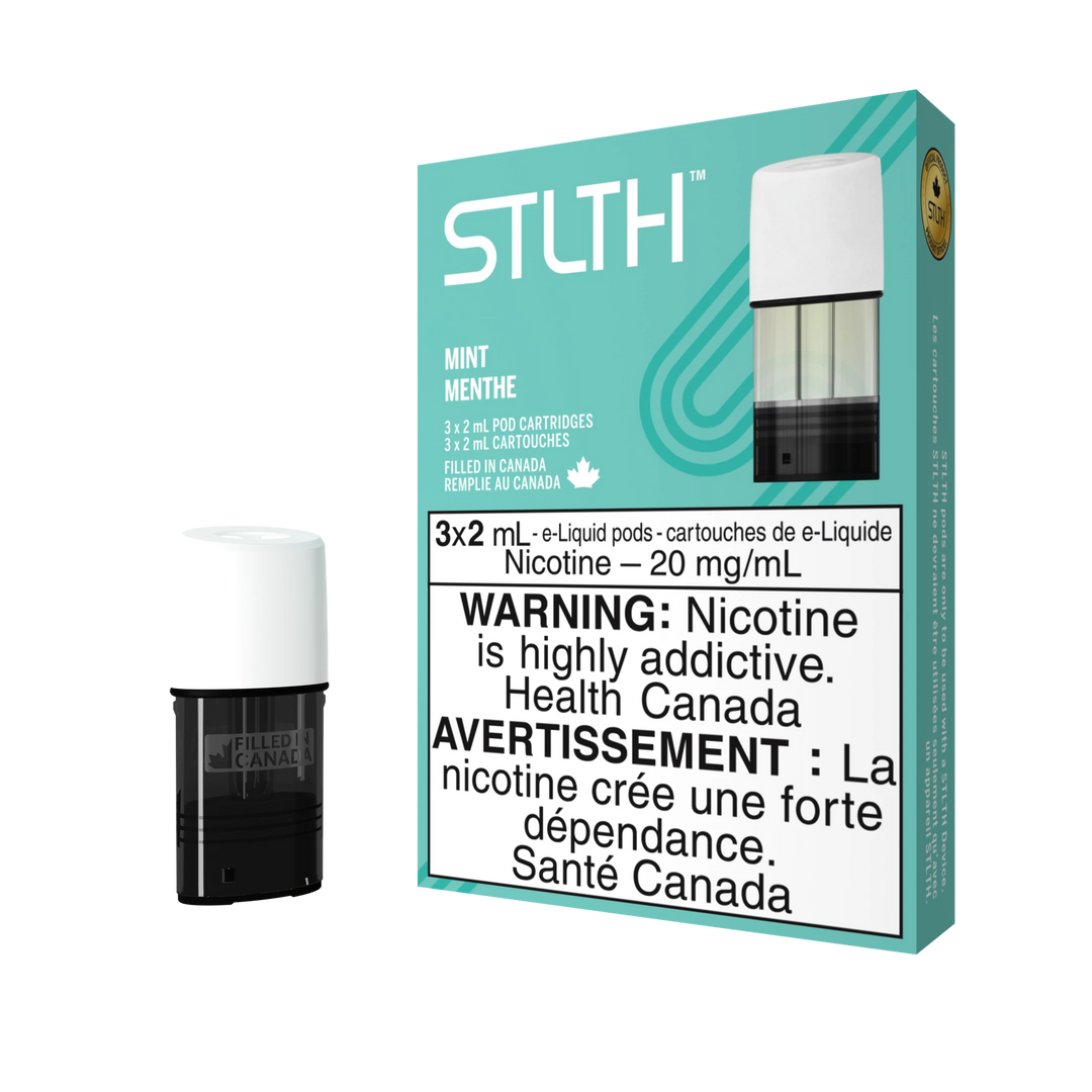STLTH Mint pod pack with three 2mL pods, one in box, one freestanding.