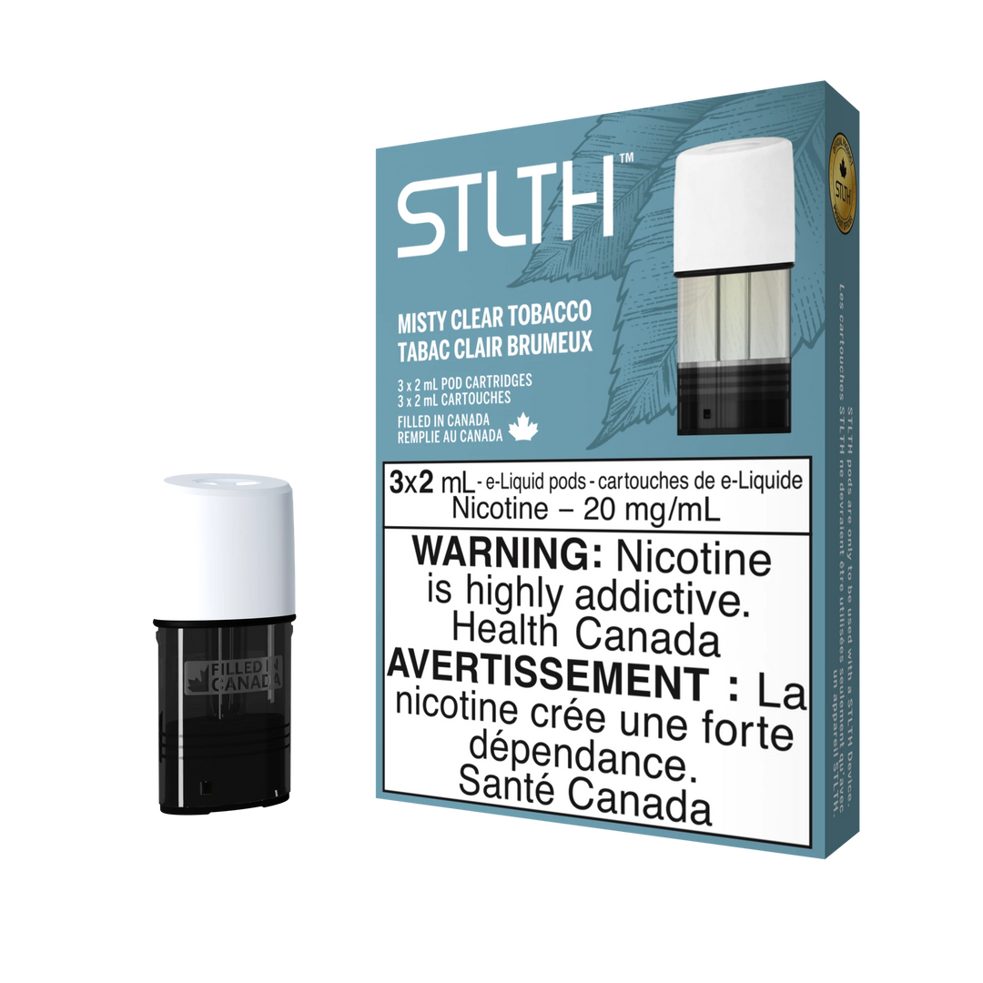 STLTH Misty Clear Tobacco pod pack with three 2mL pods, one in box, one freestanding.