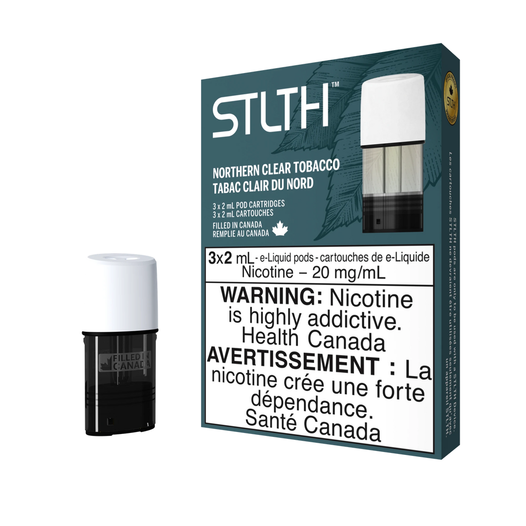 STLTH Northern Clear Tobacco pod pack with three 2mL pods, one in box, one freestanding.