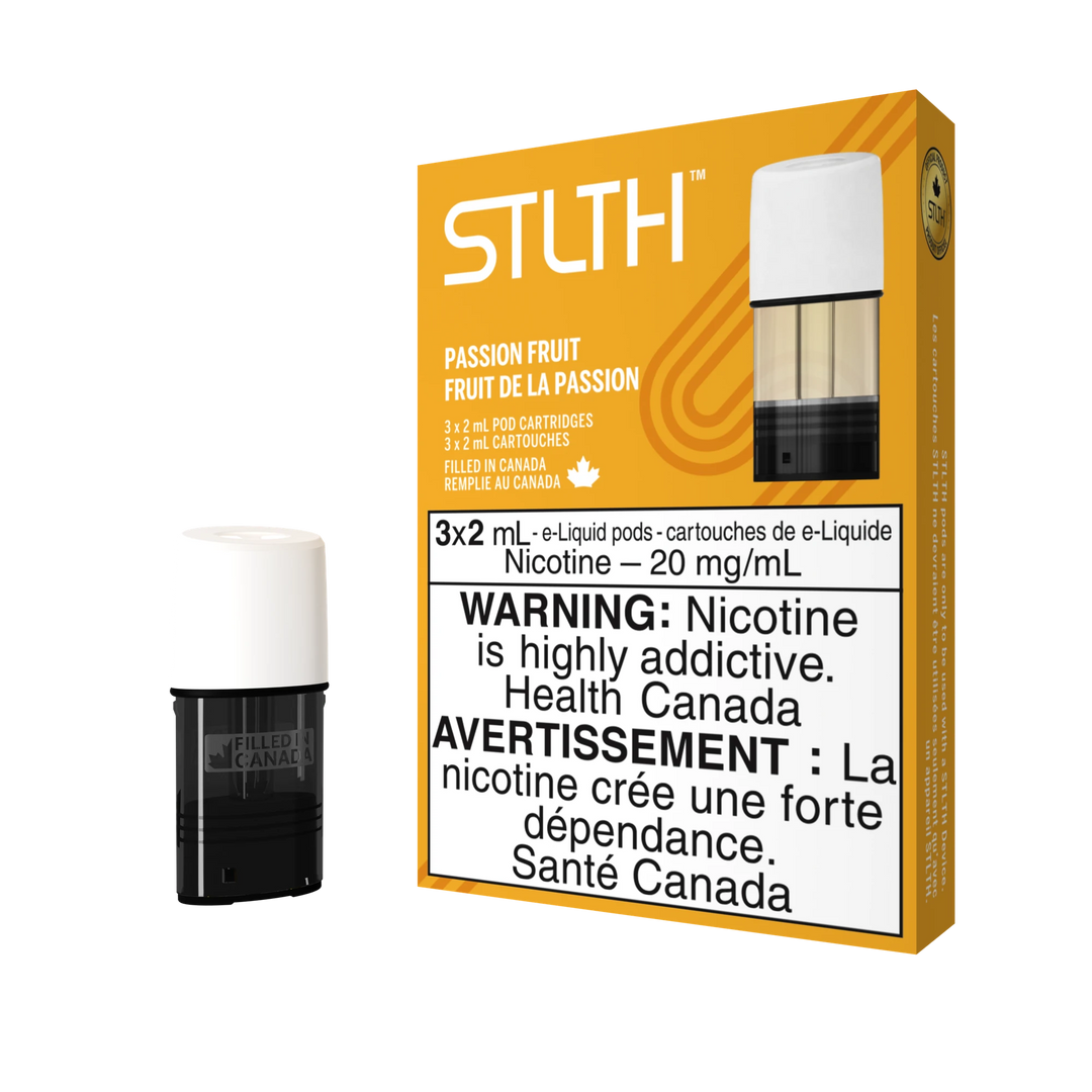 STLTH Passionfruit pod pack with three 2mL pods, one in box, one freestanding.