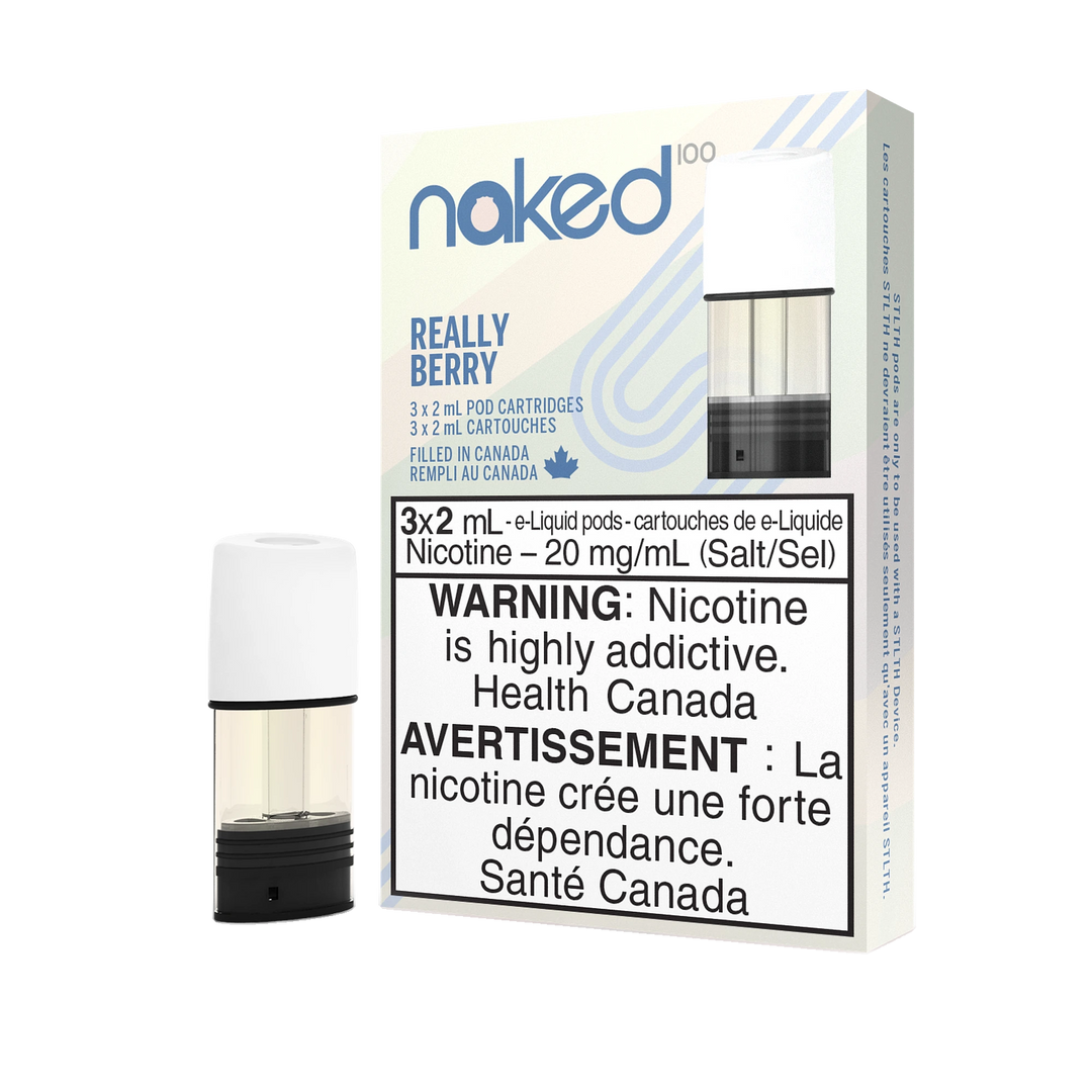 STLTH Naked100 Really Berry pod pack with three 2mL pods, one in box, one freestanding.