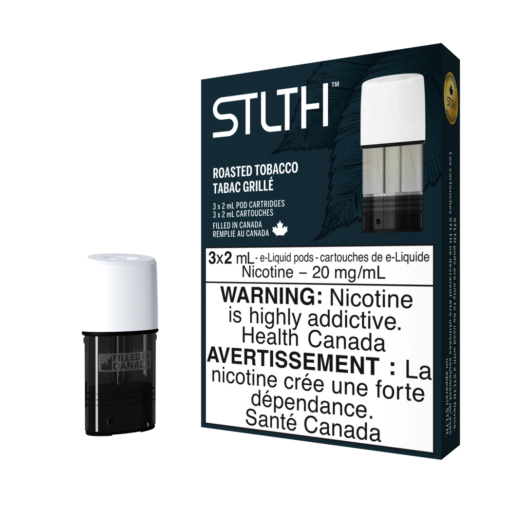 STLTH Roasted Tobacco pod pack with three 2mL pods, one in box, one freestanding.