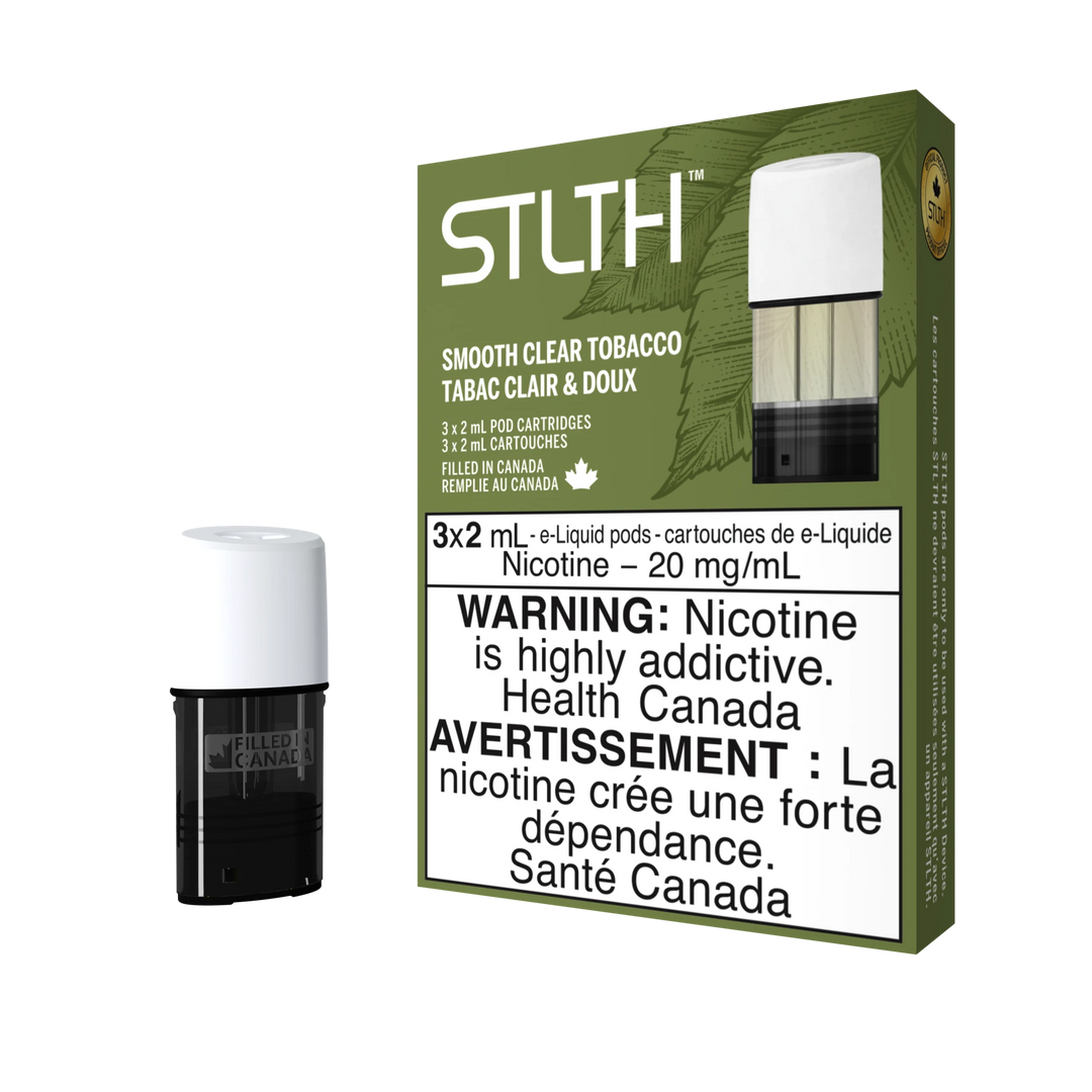 STLTH Smooth Clear Tobacco pod pack with three 2mL pods, one in box, one freestanding.