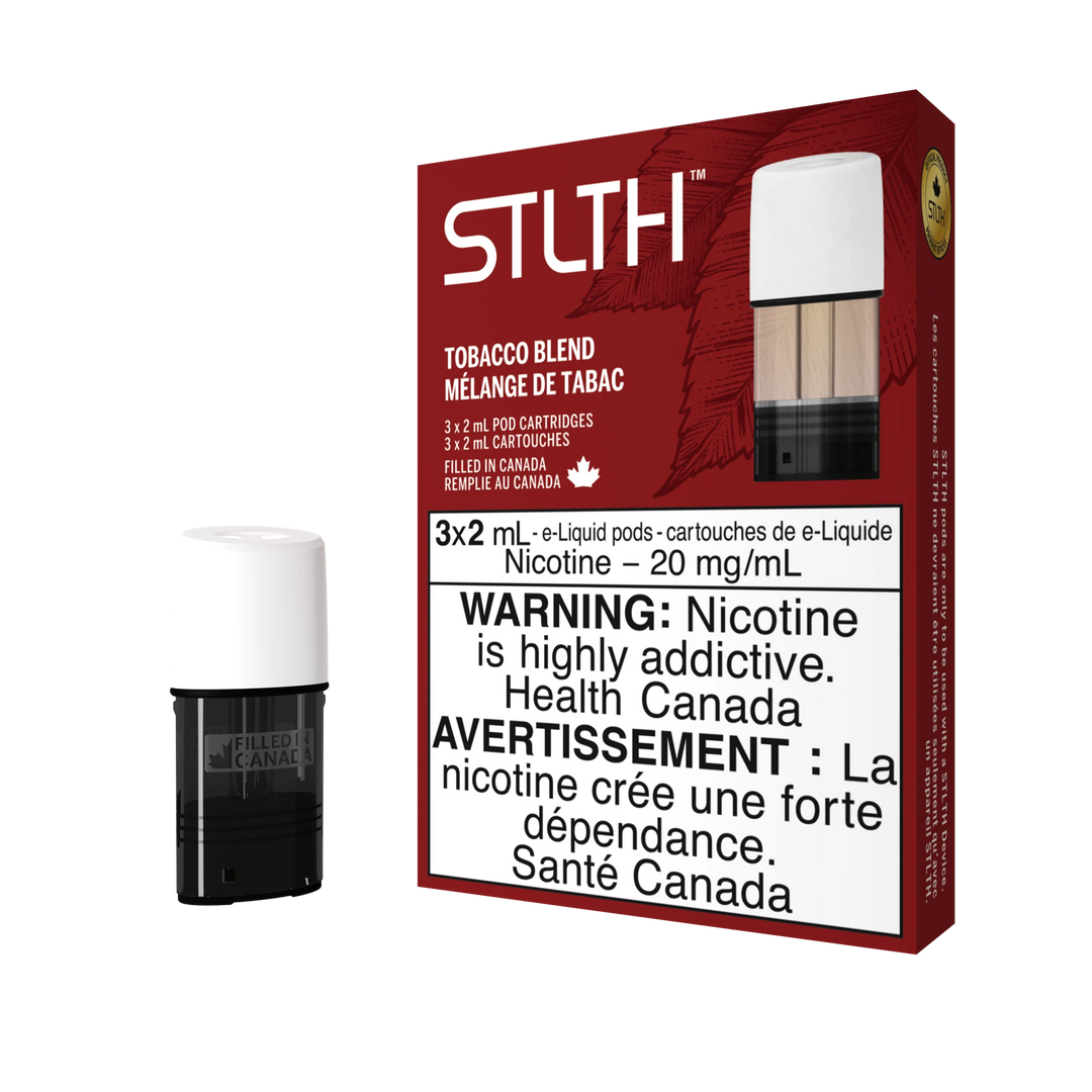 STLTH Tobacco Blend pod pack with three 2mL pods, one in box, one freestanding.