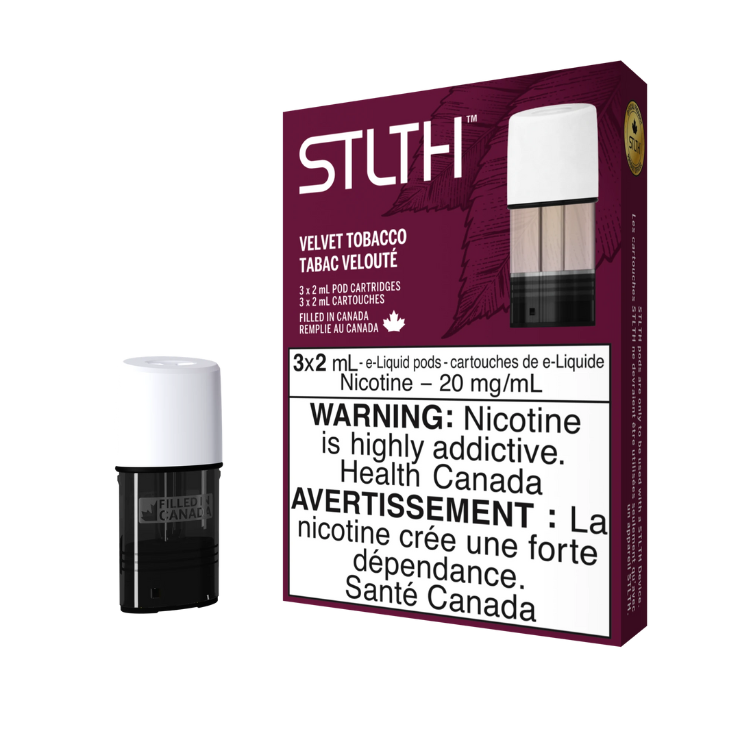 STLTH Velvet Tobacco pod pack with three 2mL pods, one in box, one freestanding.