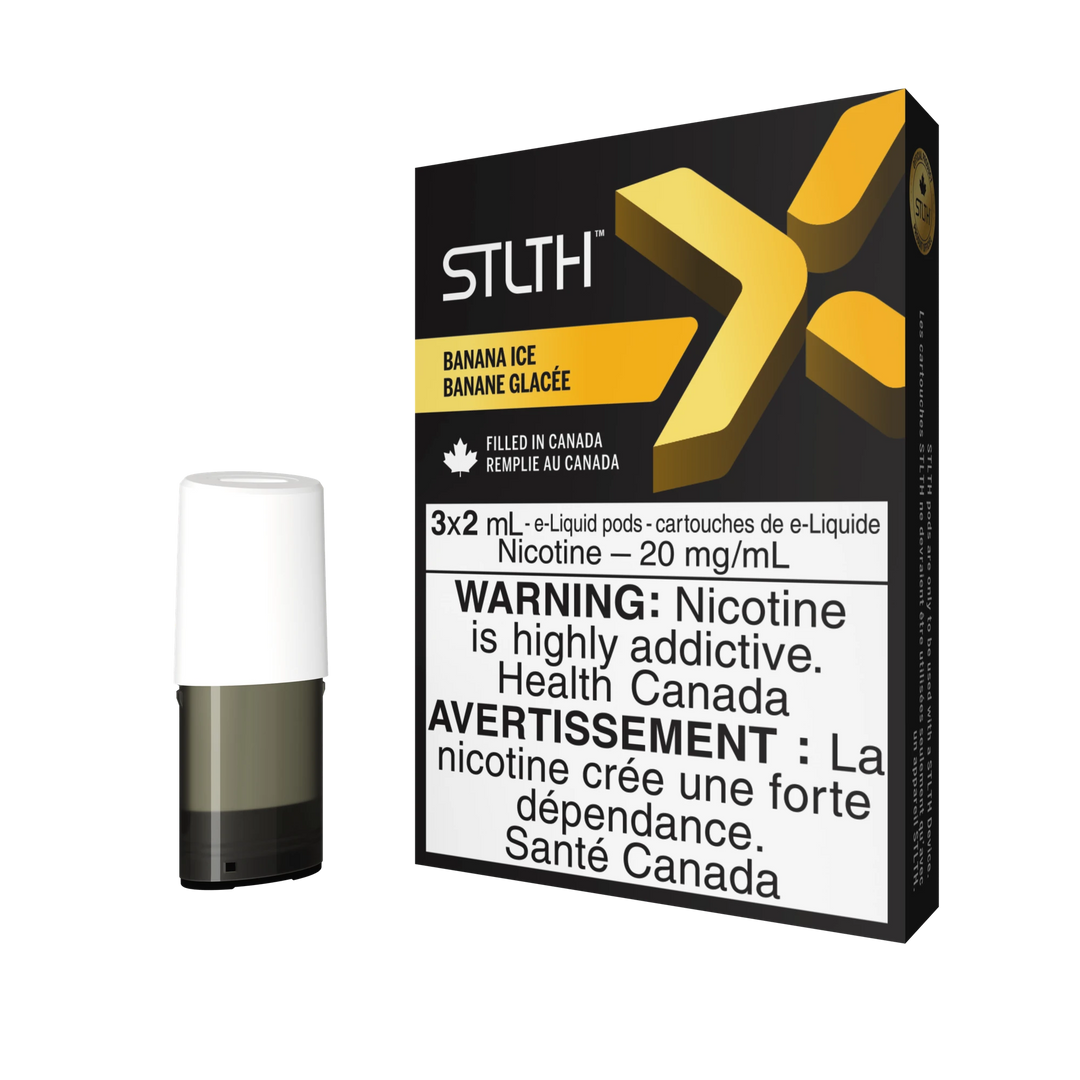 STLTH X Banana Ice pod pack with three 2mL pods, one in box, one freestanding.