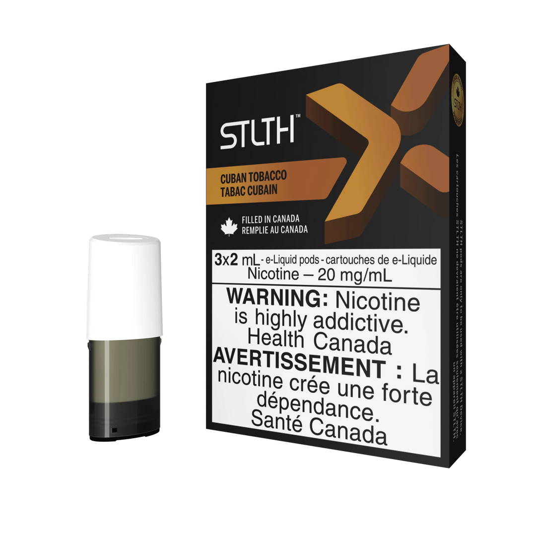 STLTH X Cuban Tobacco pod pack with three 2mL pods, one in box, one freestanding.