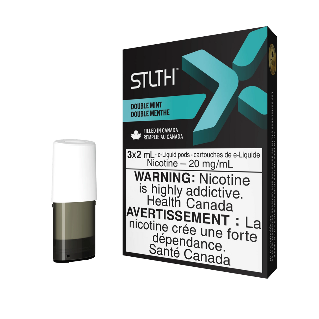 STLTH X Double Mint pod pack with three 2mL pods, one in box, one freestanding.