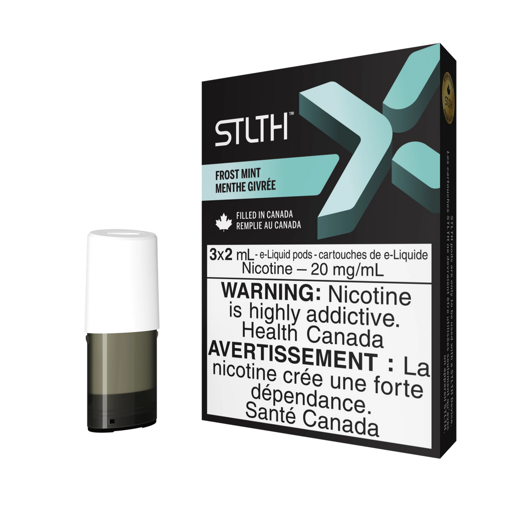 STLTH X Frost Mint pod pack with three 2mL pods, one in box, one freestanding.