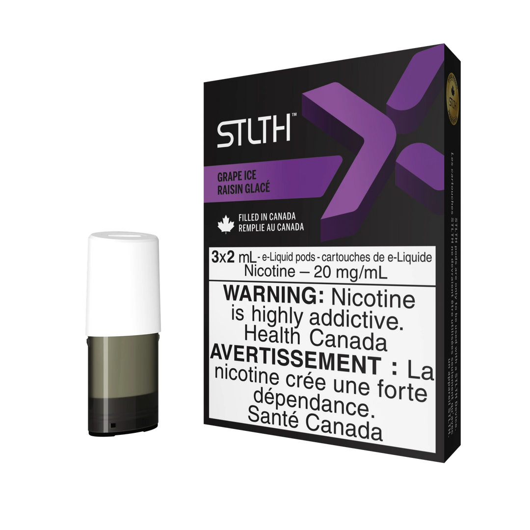 STLTH X Grape Ice pod pack with three 2mL pods, one in box, one freestanding.