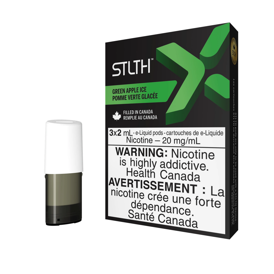 STLTH X Green Apple Ice pod pack with three 2mL pods, one in box, one freestanding.