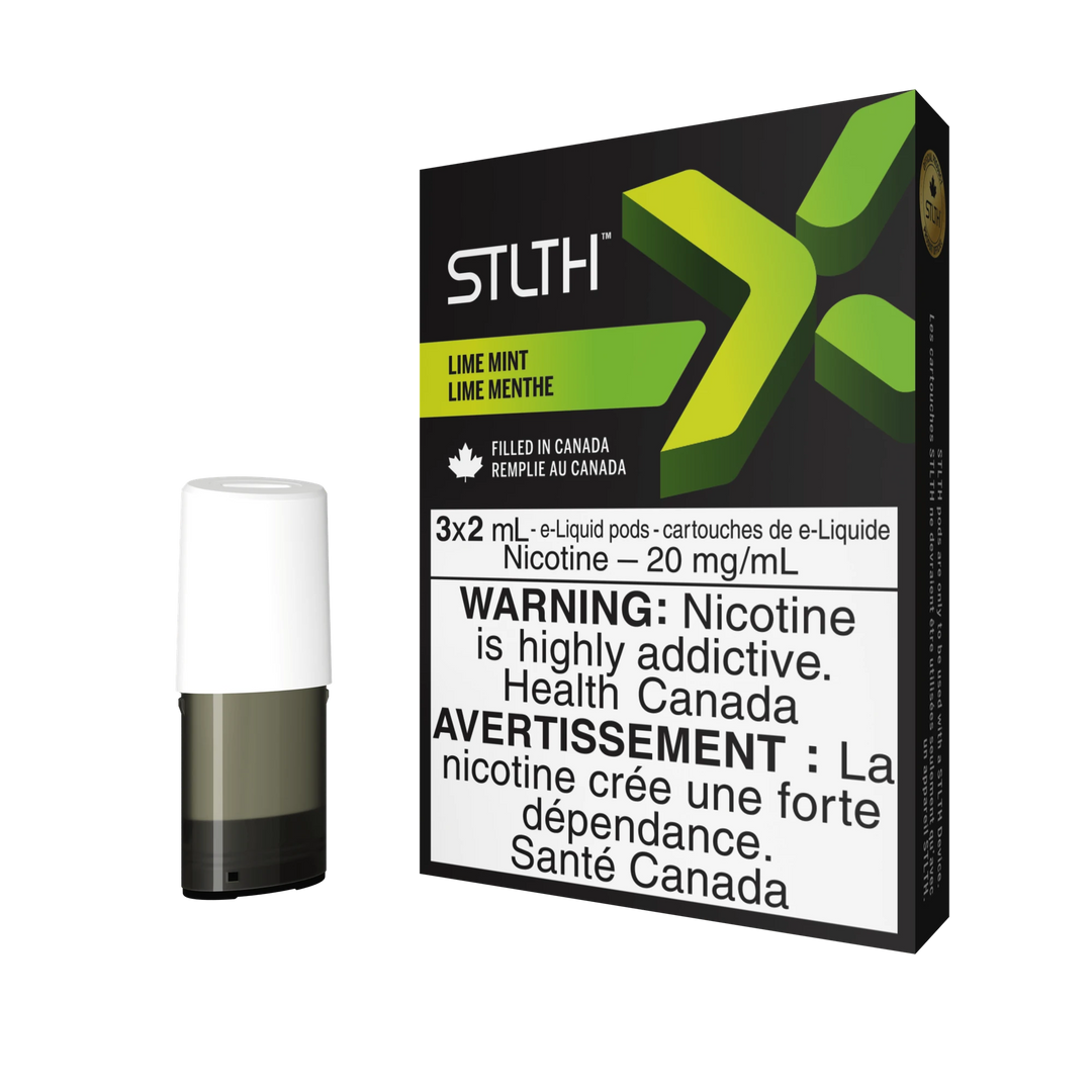 STLTH X Lime Mint pod pack with three 2mL pods, one in box, one freestanding.