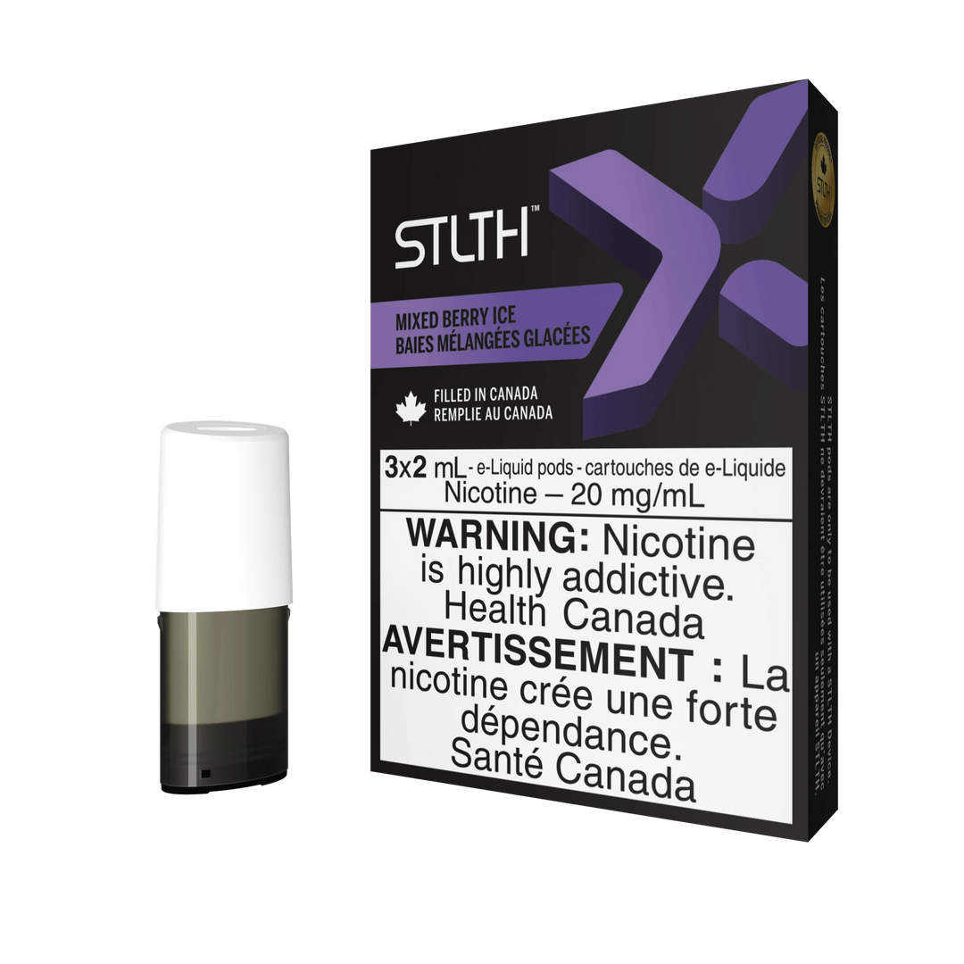 STLTH X Mixed Berry Ice pod pack with three 2mL pods, one in box, one freestanding.