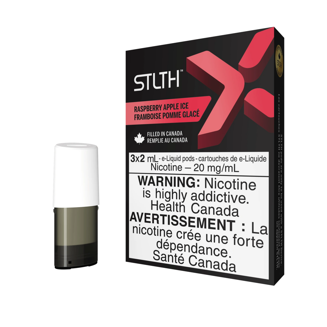 STLTH X Raspberry Apple Ice pod pack with three 2mL pods, one in box, one freestanding.