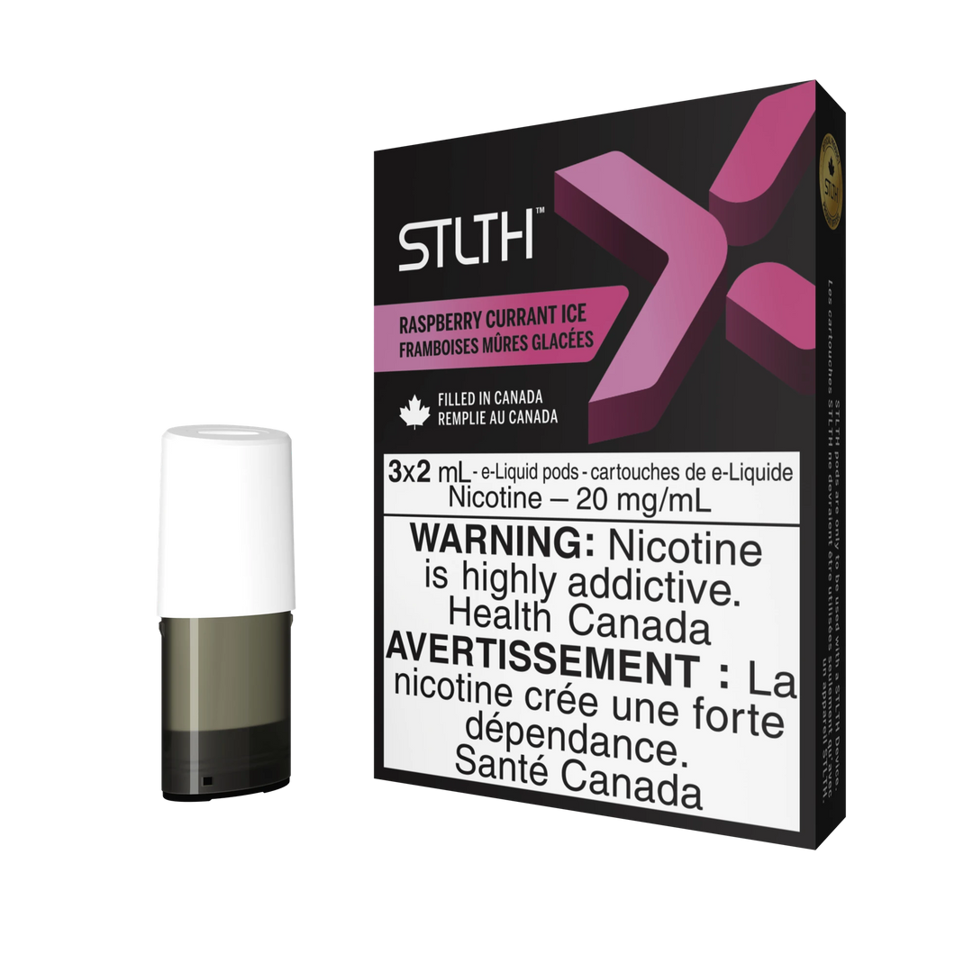 STLTH X Raspberry Currant Ice pod pack with three 2mL pods, one in box, one freestanding.
